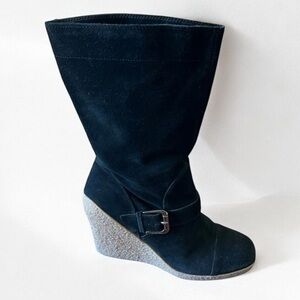Nine West Black Leather Suede Buckle Chunky Platform Heeled Boot 7.5